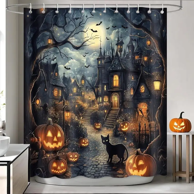 VIKAMA Gothic Halloween Shower Curtain Black Cat Pumpkin Castle Waterproof Fabric Curtain Window Room Divider Decor