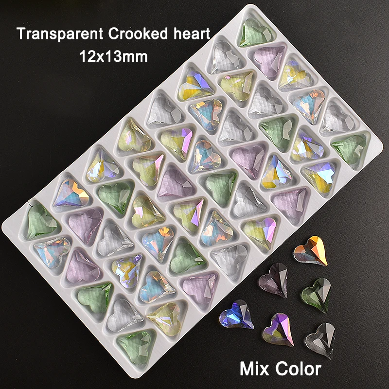 Transparent Large Crooked Peach Heart Nail Art Rhinestone Pointed Bottom Crystal Glass Mixed Color Manicure DIY Decoration