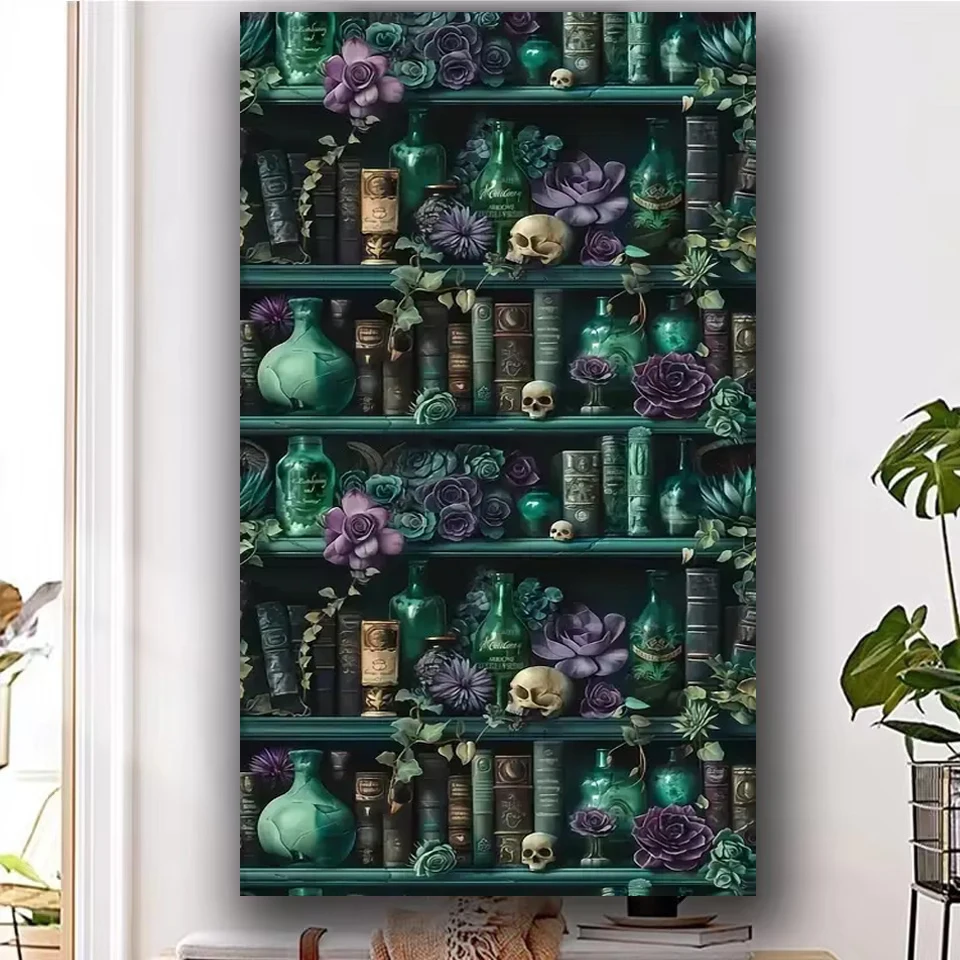 Full Square Round Large Diamond Painting Art Gothic Bookshelf with Skull,Rose,Magic Symbol DIY Diamond Mosaic 5D Cross Stitch