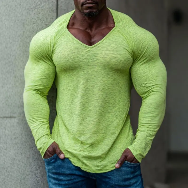 Men's Sexy Basic Fitness V-Neck Tucked Long Sleeve T-Shirt Ripped Hem Casual Streetwear Fashion Soft Breathable Comfy Tops