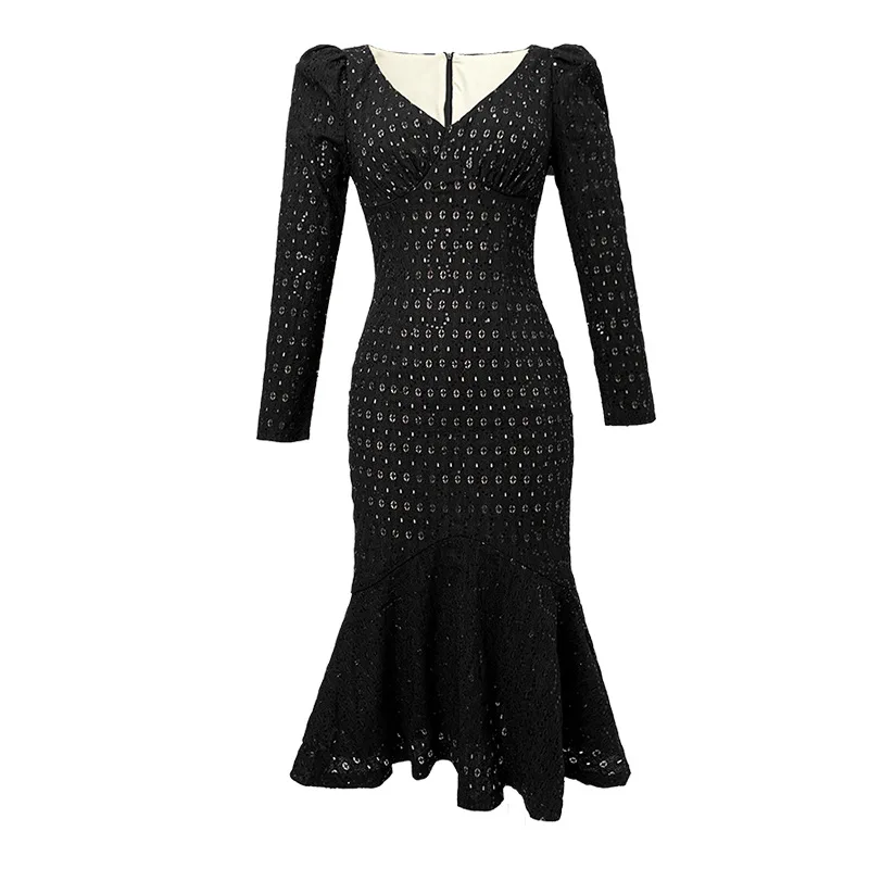 Autumn New Elegant Temperament V-neck Slim-fitting Fishtail Lace Dress French Foreign Style Long Dress
