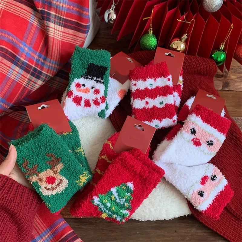 Cozy Coral Fleece Slipper Socks with Cartoon Christmas Theme for Women Holiday Indoor Fuzzy Floor Socks Hosiery