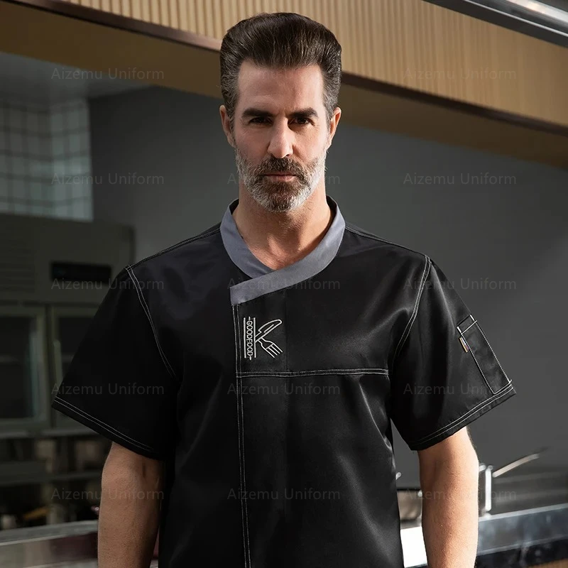 

Мужская униформа шеф-повара с короткими рукавами, черно-белая дышащая рубашка шеф-повара, ресторан, кухня, куртка шеф-повара, фартук, рабочая одежда, женская