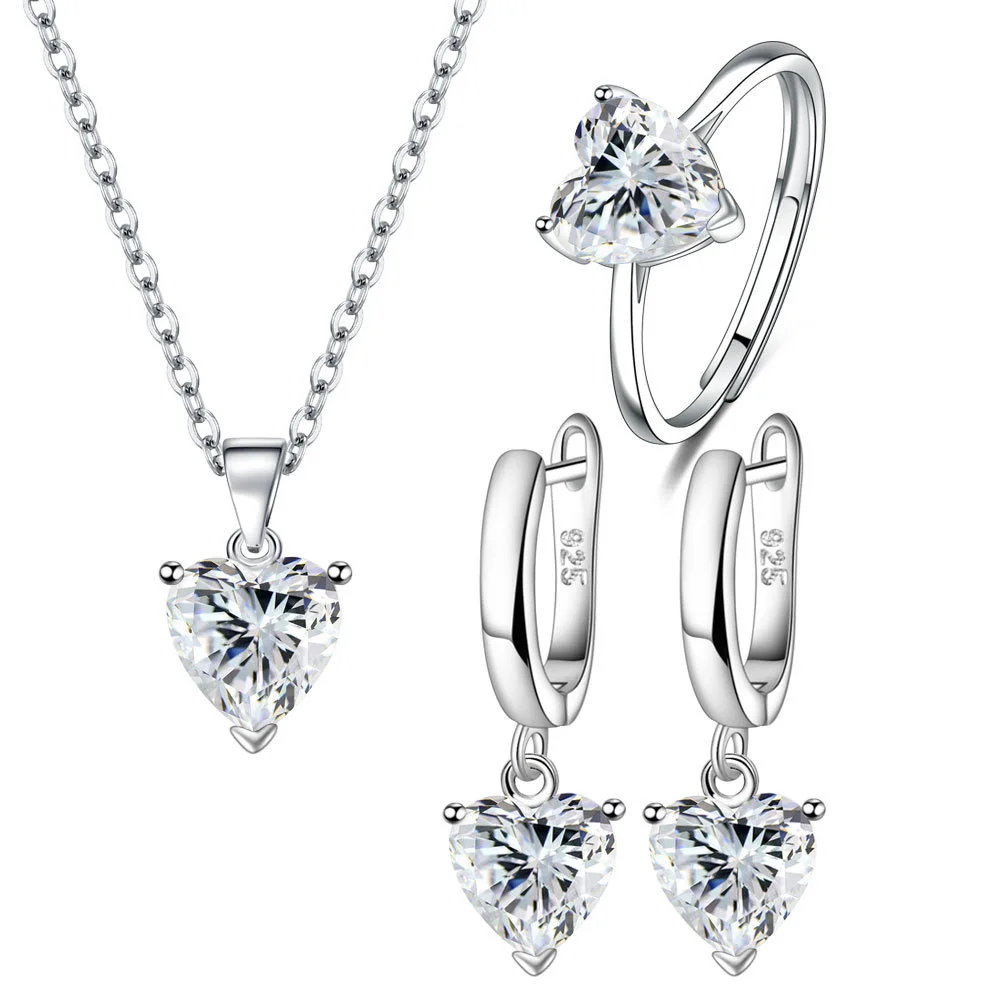 S925 Sterling Silver Jewelry Sets For Women Heart Zircon Ring Earrings Necklace Wedding Bridal Elegant Christmas Free Shipping