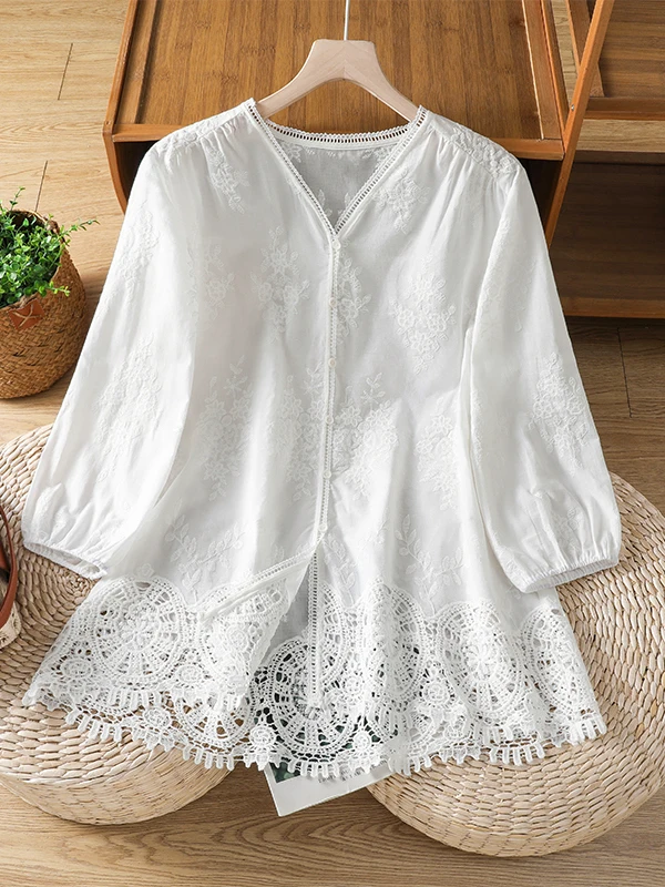 

White Lace Embroidery Loose Fit Shirt with V-Neck And Bubble Sleeves for plus Size Women Summer Casual Style Polyester Fiber