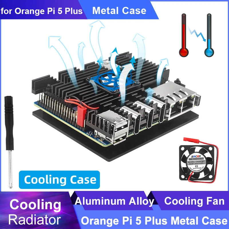 

Оранжевый Pi 5 Plus, алюминиевая проекция с вентилятором, Активный Пассивный Охлаждающий радиатор с радиатором, черный металлический корпус для Orange Pi 5 Plus