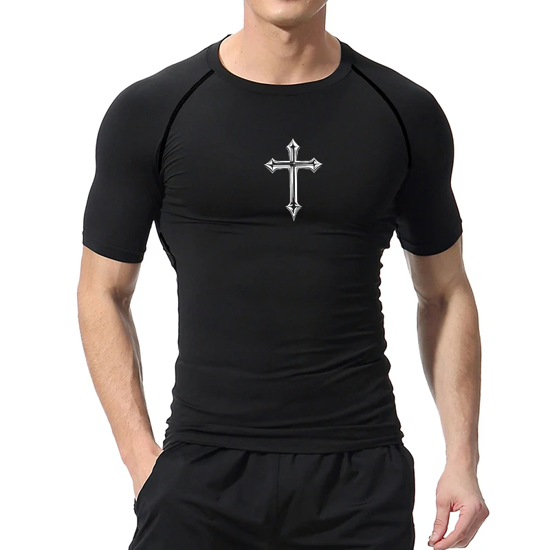 Cross Print Compression Shirt for Men Christian Athletic Tshirt Tees Tops Gym Workout Running Baselayers Undershirts Rash Guard