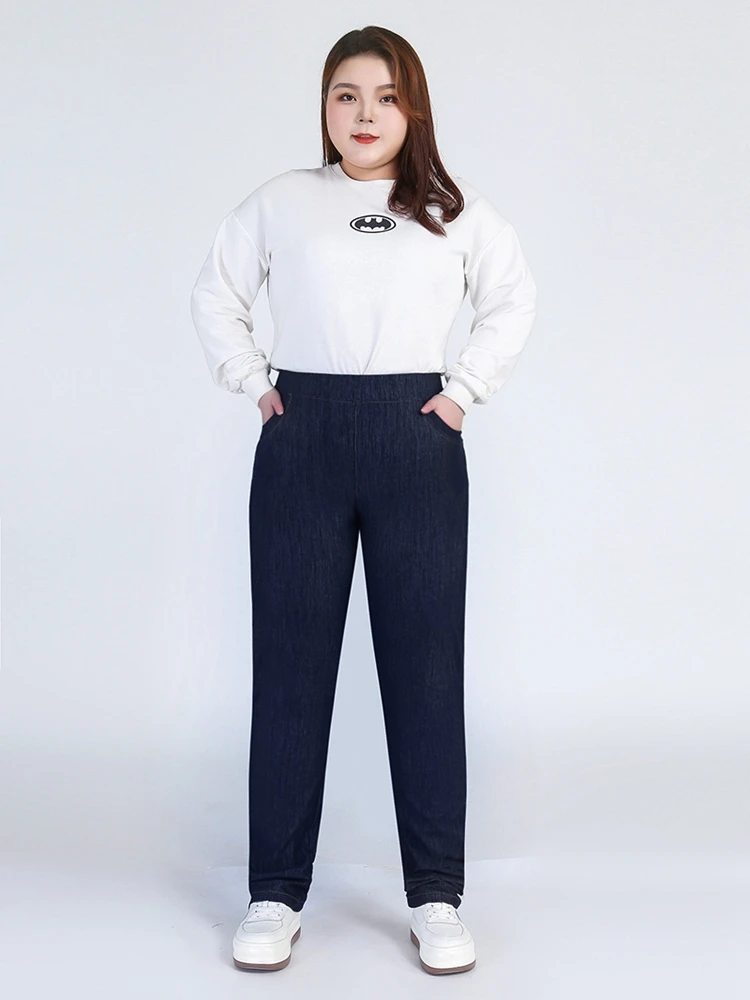 بنطال رصاص مطرز عالي الخصر للنساء، جينز جيب مرن، موضة الخريف، مقاس كبير، 7XL، 8XL، 9XL، طراز جديد.