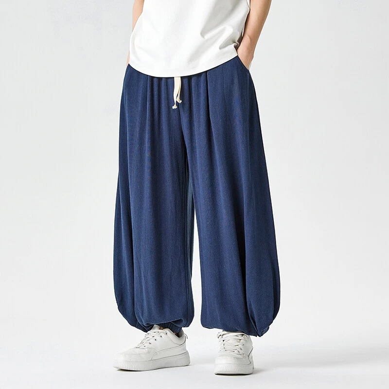 

Men Jogger Wide Leg Pants Chinese Style Cotton Linen Elastic Waist Trousers Solid Loose Casual Lantern Pant Fashion Men Clothing
