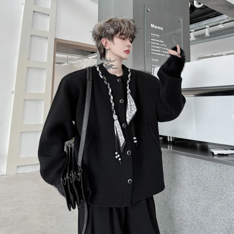 

Осенне-зимний утепленный свободный вязаный кардиган с шелковым шарфом, мужской модный повседневный теплый свитер с длинными рукавами и круглым вырезом