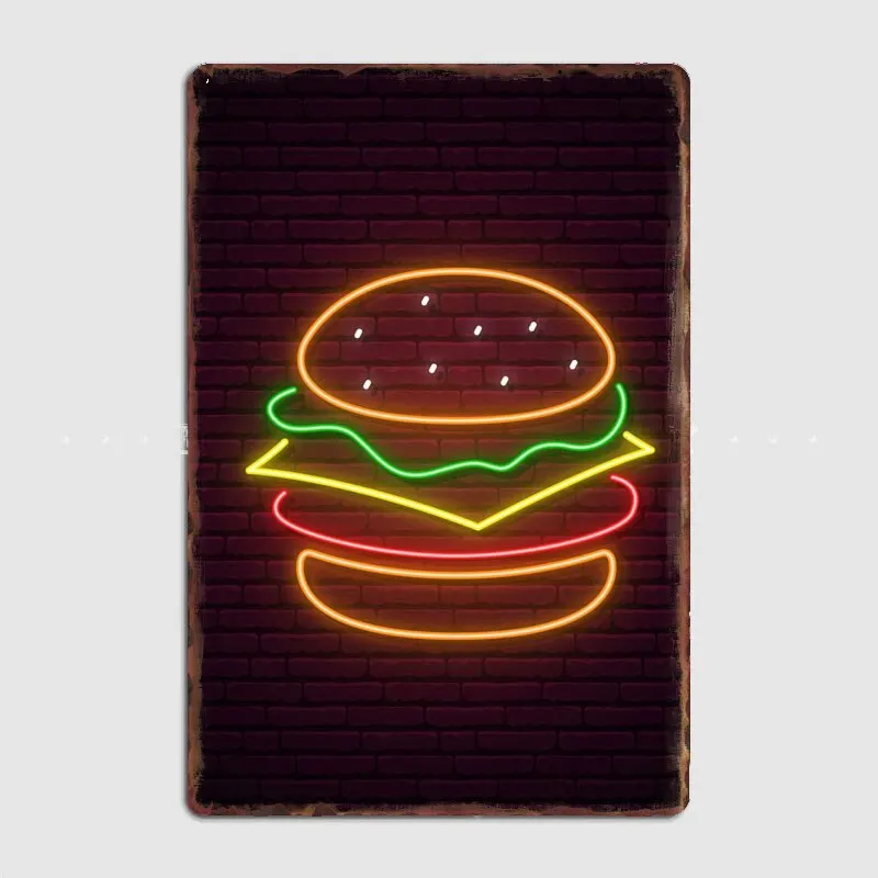 Retro Hamburger Neon LED Sign  Vintage Metal Wall Art for Garage Pub Cinema Bar Room  Unique Tin Sign Poster for Home Decor