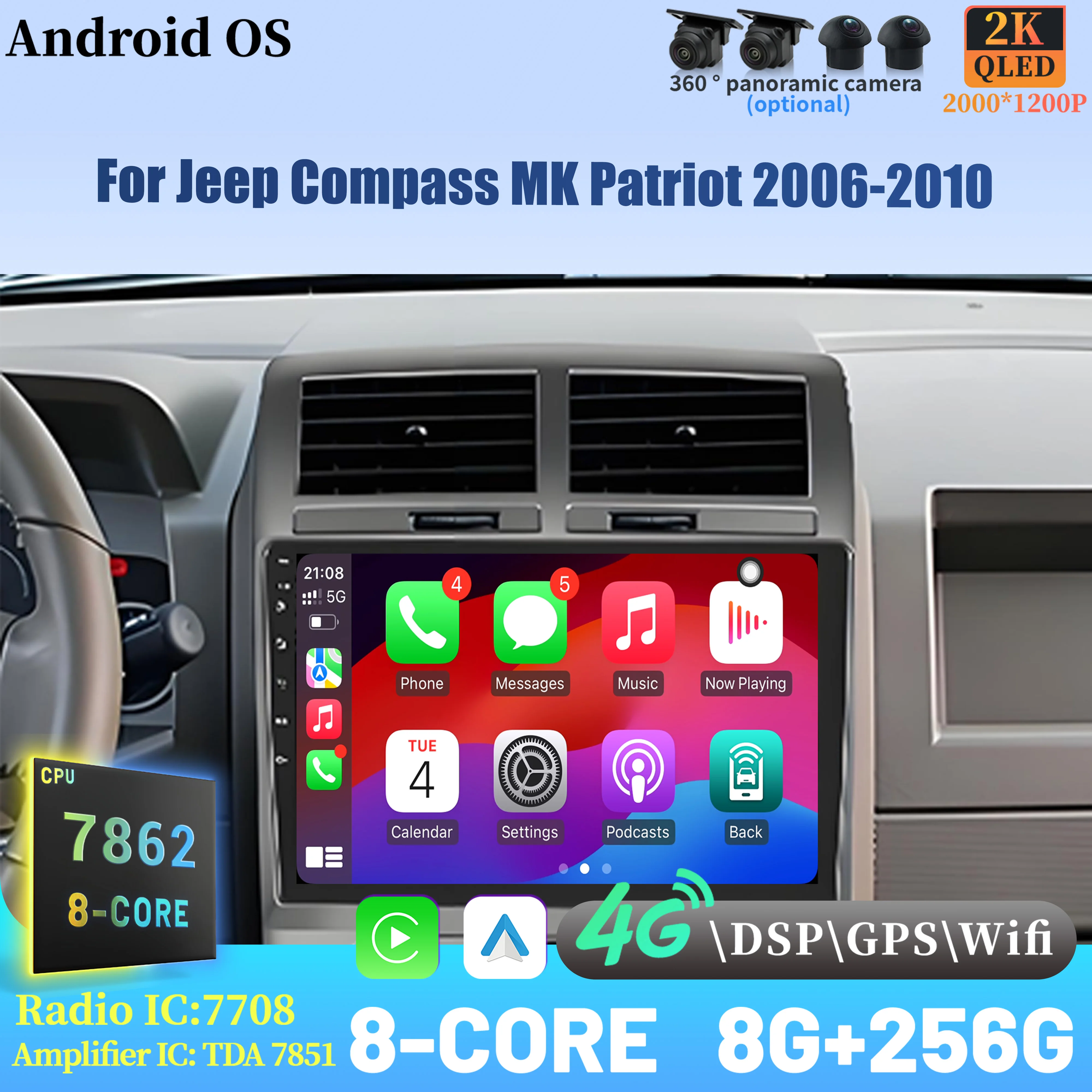 

Android 14 Radio Car Multimedia Player Touch 2K QLED Screen For Jeep Compass MK Patriot 2006-2010 Wireless BT CarPlay