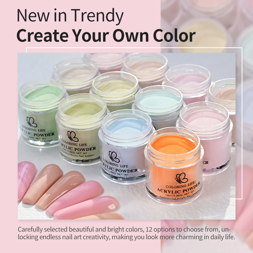 12Colors/Set Nail Acrylic Powder 7g Nude Pink Green Blue Crystal Powder for Nails Professional Extension Dipping Pigment Dust FA