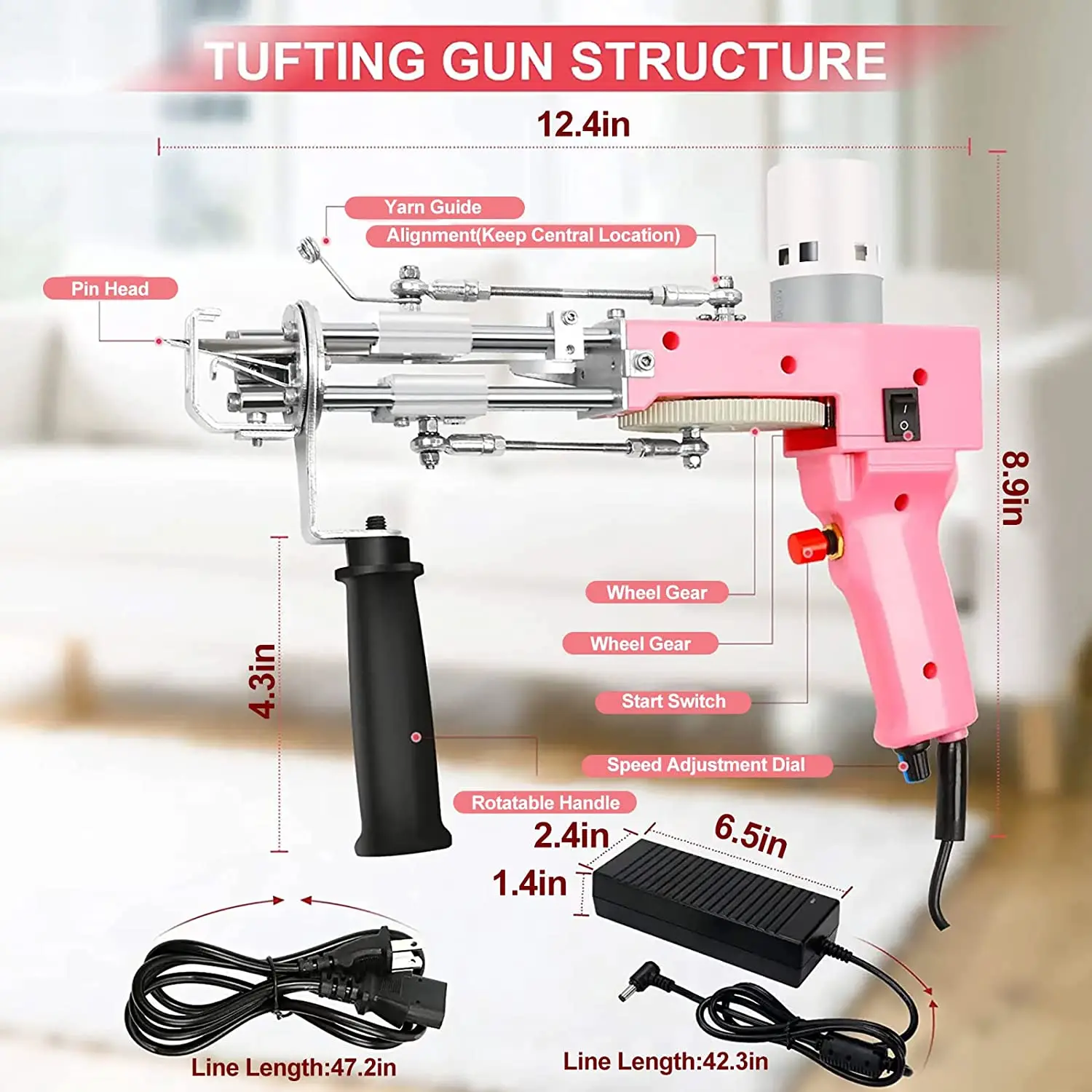 Electric Pink Tufting Gun, 2 in 1, Cut Pile and Loop Pile, Carpet Rug Guns for Weaving, Handmade Flocking Machine