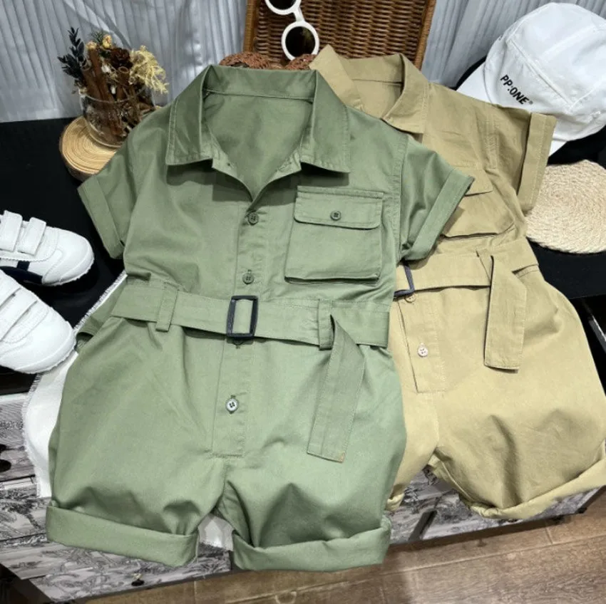 Children's short sleeved jumpsuit summer boys' lapel jumpsuit Girl baby lapel solid color fashionable clothing set