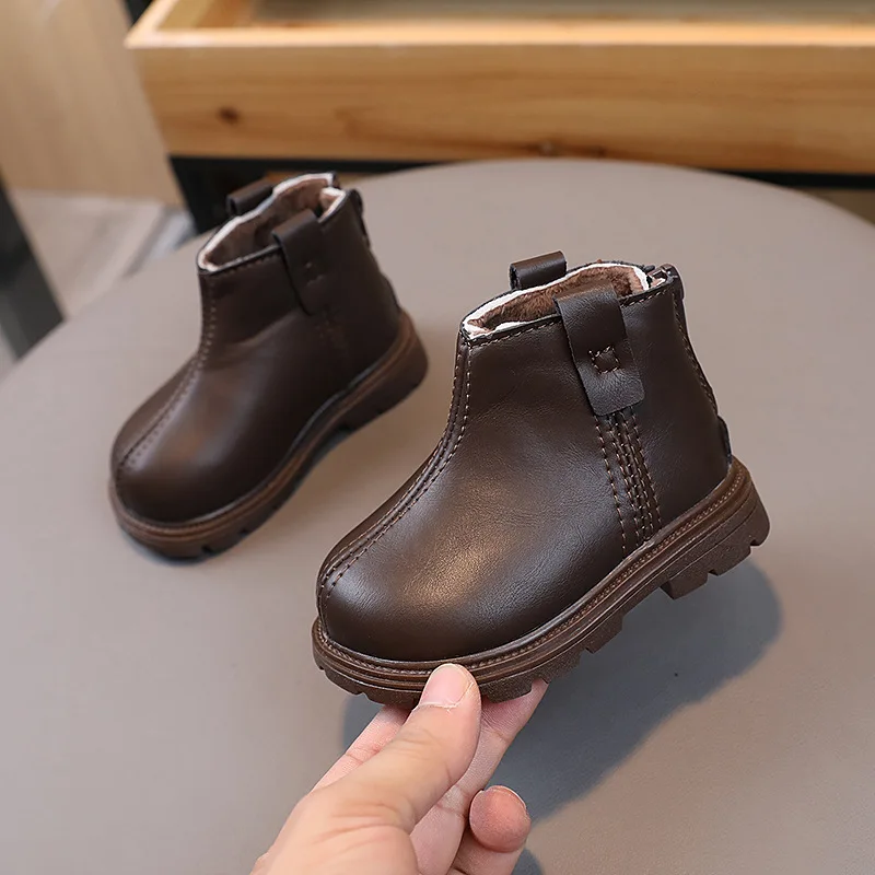 الخريف الشتاء أحذية أطفال الصغار الدافئة الفراء أحذية طفل صبي فتاة لينة بولي Leather الجلود حذاء من الجلد للطفل الأبيض والأسود والبني