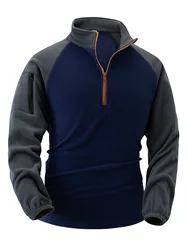 Camisa polo masculina outono polar velo cor sólida gola meio zip braço bolso moda cor simples clássico jumper