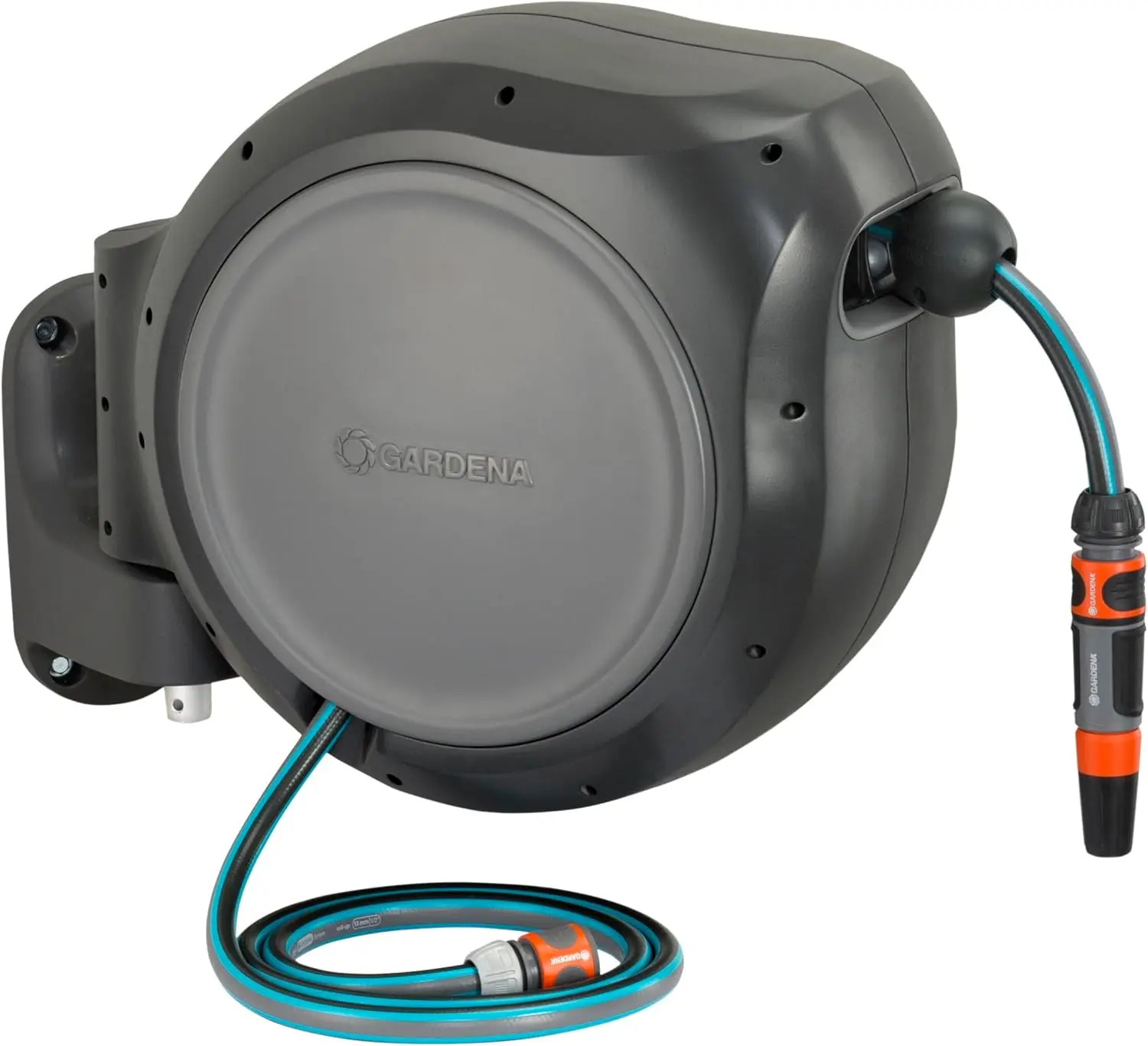 100' ft. Wall Mounted Retractable Reel with Hose Guide, automatic retraction for easy watering of garden or yard. Easy s