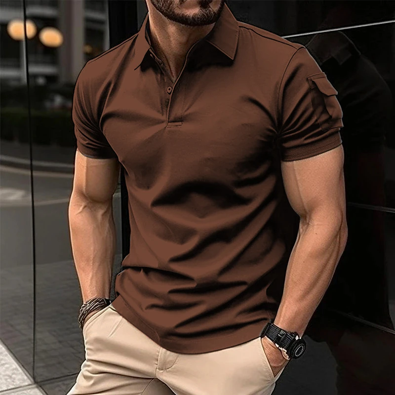 POLO de manga corta para hombre, camisa americana retro pesada, bolsillo en el brazo, personalidad de tendencia, Verano