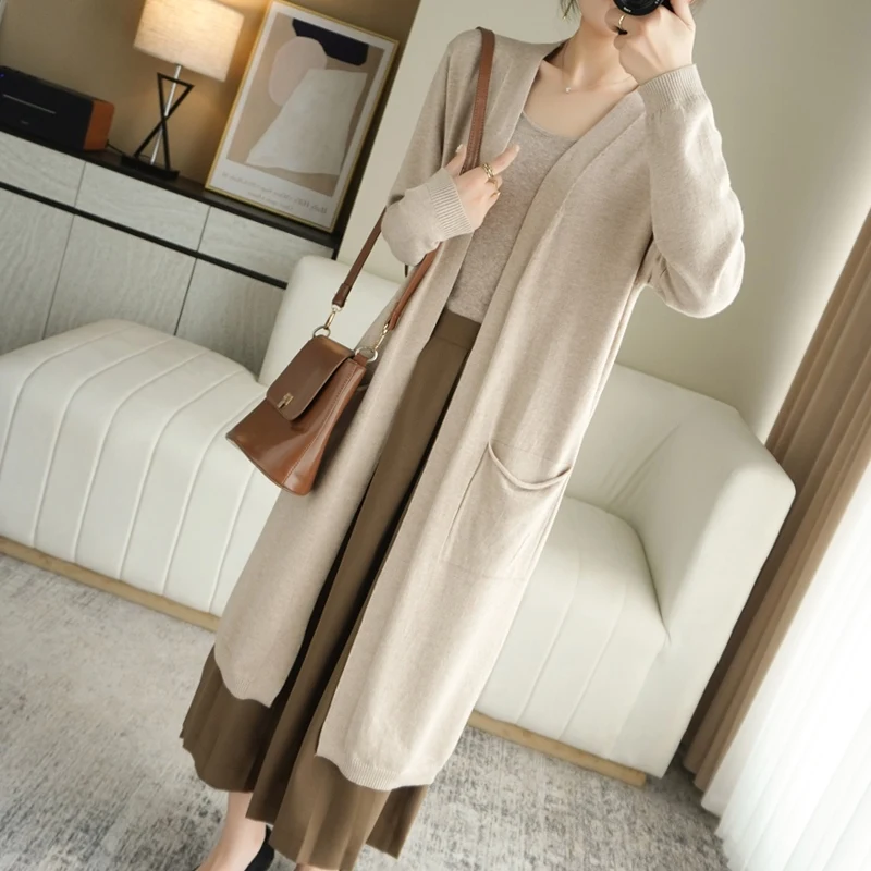 23Autumn Winter New Woolen Sweater Women's Long Sleeve Loose Medium Length Simple Temperament Solid Color Knitted Cardigan Shawl