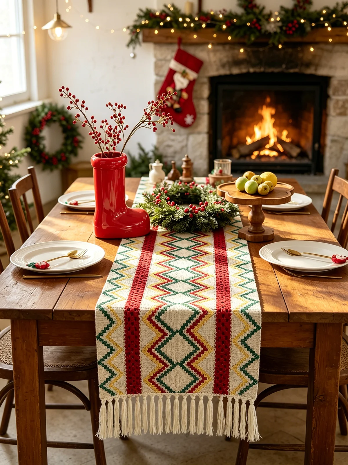 1pc Boho Style Hand Woven Table Runner, Tassel Decor, Christmas Home Table Ornament, Fit Boho Dining Bedroom, Farmhouse Decor