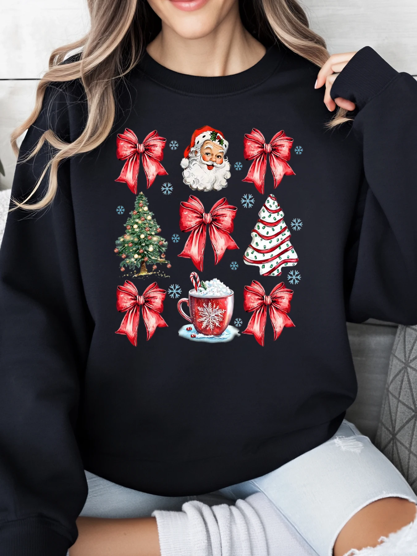 

Рождественская толстовка с принтом «Дерево Санта-Клауса» и горячим шоколадом, праздничная женская повседневная одежда, черная, больших размеров