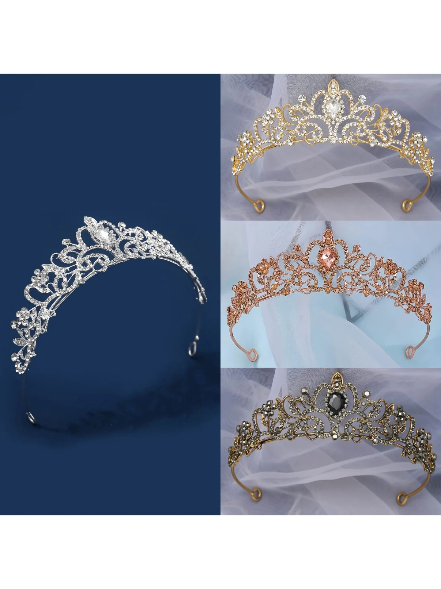 Couronne de mariée demi-ronde en argent Super scintillant, plein de diamants, couvre-chef de mariage et coiffure, couronne de mariée