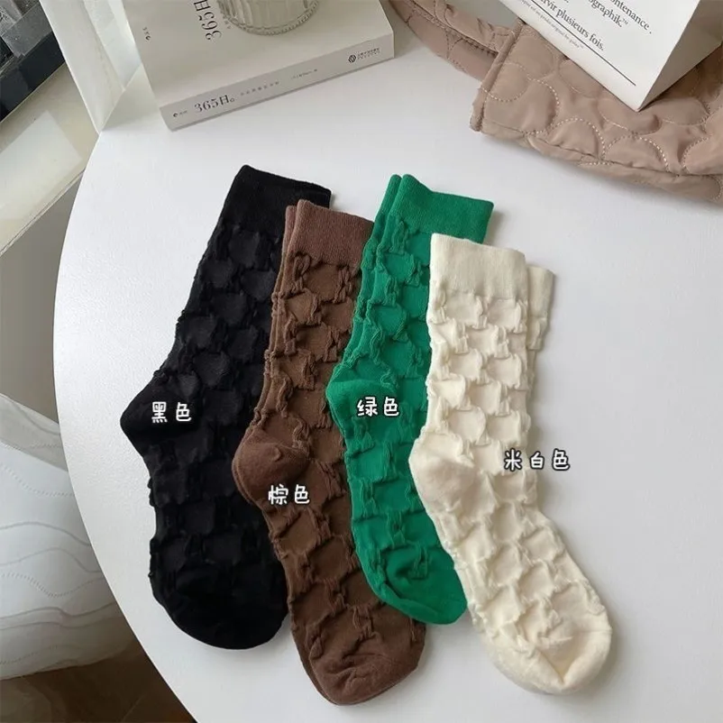 Chaussettes empilées en coton texturé à carreaux pour femmes, mi-tube, bulle, confortable, sport, printemps, été, nouveau, 4/8 paires