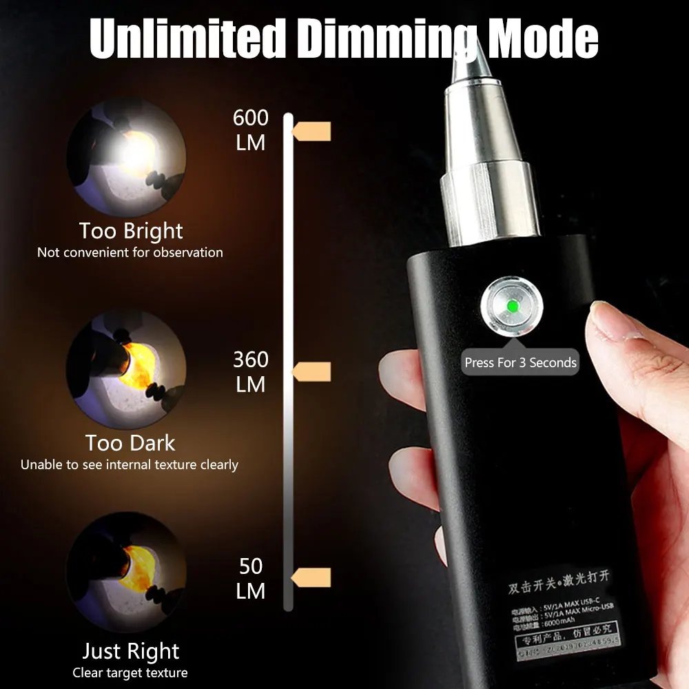 3 LED Light Sources Professional Jade Identification Light Multi Levels Type-C Charge LED Jewelry Identification Light for Home