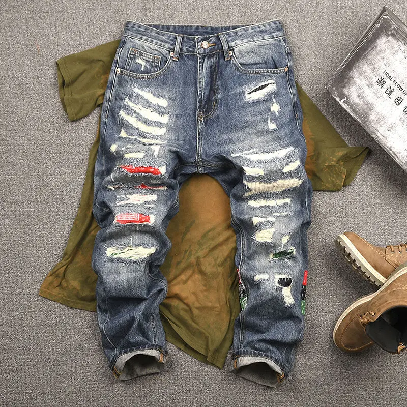 Men's Street Style Vintage Jeans, Washed Straight Leg Denim Pants, Ripped Patchwork Loose Fashion Long Trousers