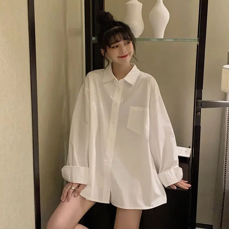 

Spring New White Shirt for Women All-match Loose Blouse Polo Neck Solid Pockets Youth Korean Blouse Korean Fashion Clothing