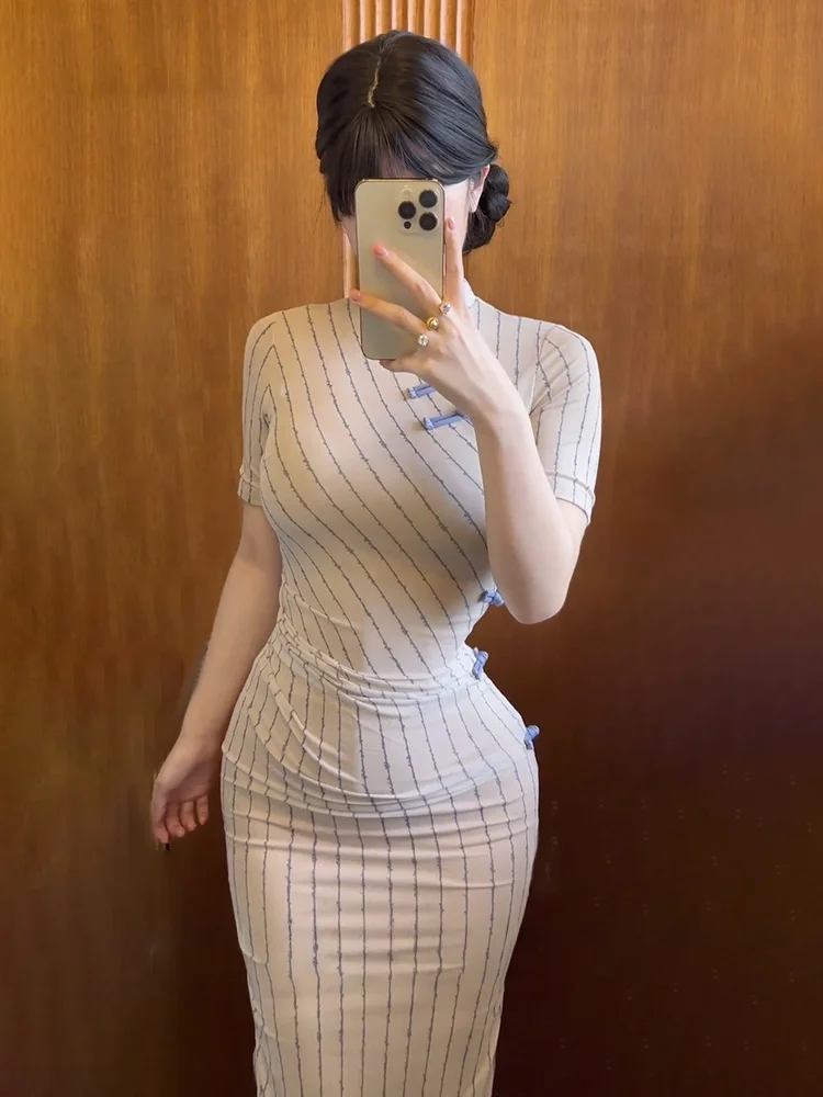 

Полосатое платье Ele больших размеров с пуговицами и высокой талией, облегающее летнее повседневное женское длинное платье