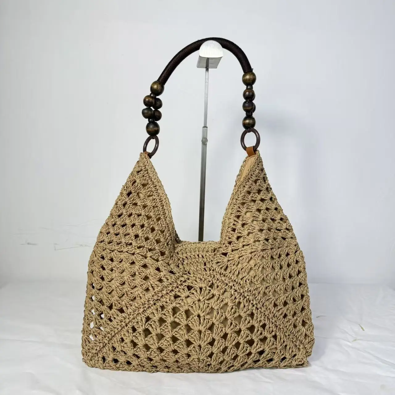 

Bohemian Hollow Crochet Woven Tote Bag with Wooden Bead Handle Large Capacity Handmade Straw Shoulder Bag for Women Casual Beach