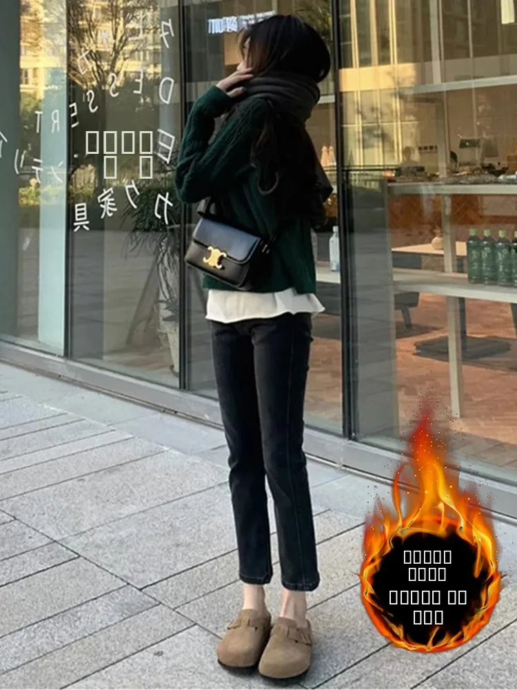 Hochgeschnittene, gefütterte Straight-Leg-Jeans für Damen, Herbst-Winter, Übergröße, Dreiviertel-Hose, lässige Baumwollmischung