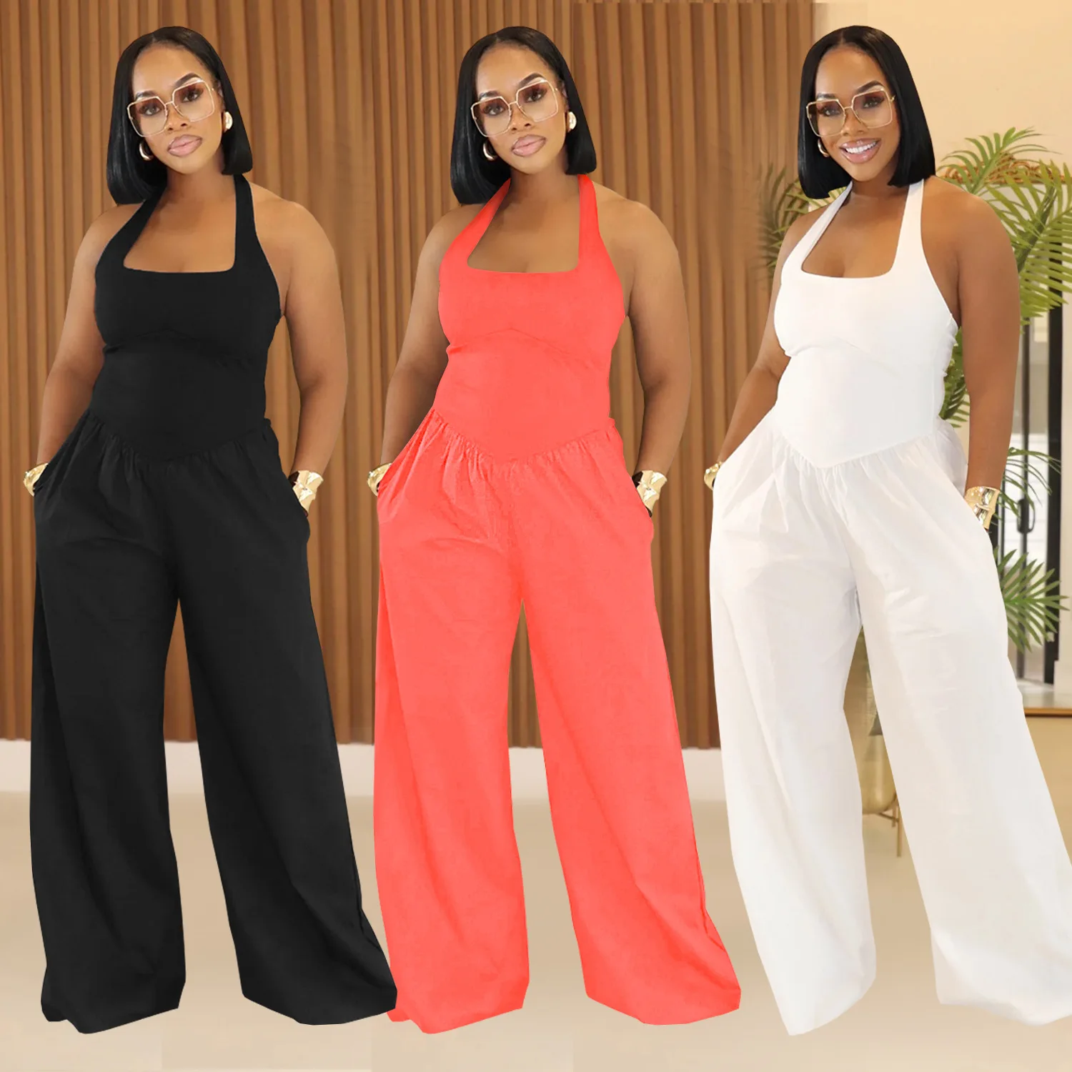 

C7390 European and American fashion women's clothing casual loose back neck solid color jumpsuit