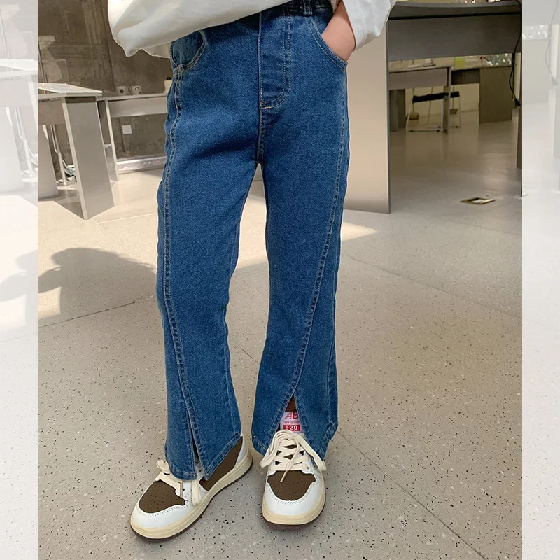 Autumn And Winter New girls jeans Clothes High Waist Bell-bottoms Solid Color Warm Out Jeans Children's Clothing 2-8T