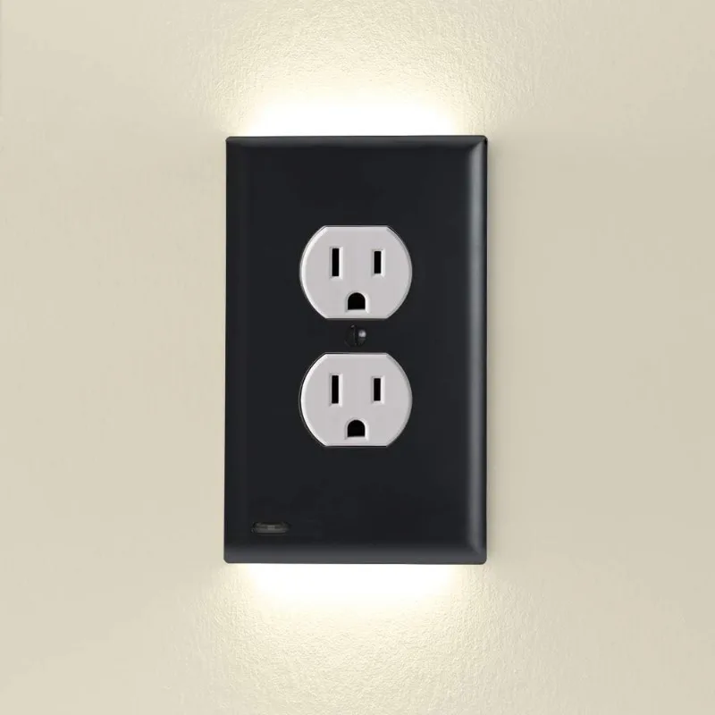 Duplex Electrical Outlet Plugboard Plug-In Electrical Receptacle Wall Plate With LED Night Lights Up and Down - Auto Sensor