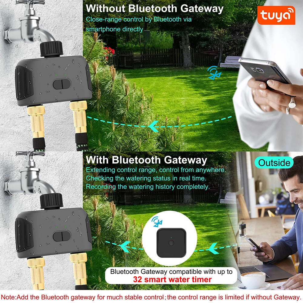 Tuya Bluetooth 2-Way Intelligent Water Timers Automatic Watering Controller Smart Garden Irrigation Sprinklers WiFi Gateway