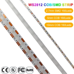 Fita LED COB Flexível, Alta Densidade, Pixel RGB, Luces SMD, Endereçável individualmente, DC5V, 12V, 2.7mm, 5mm, 10mm, 160LED/m, WS2812, COB