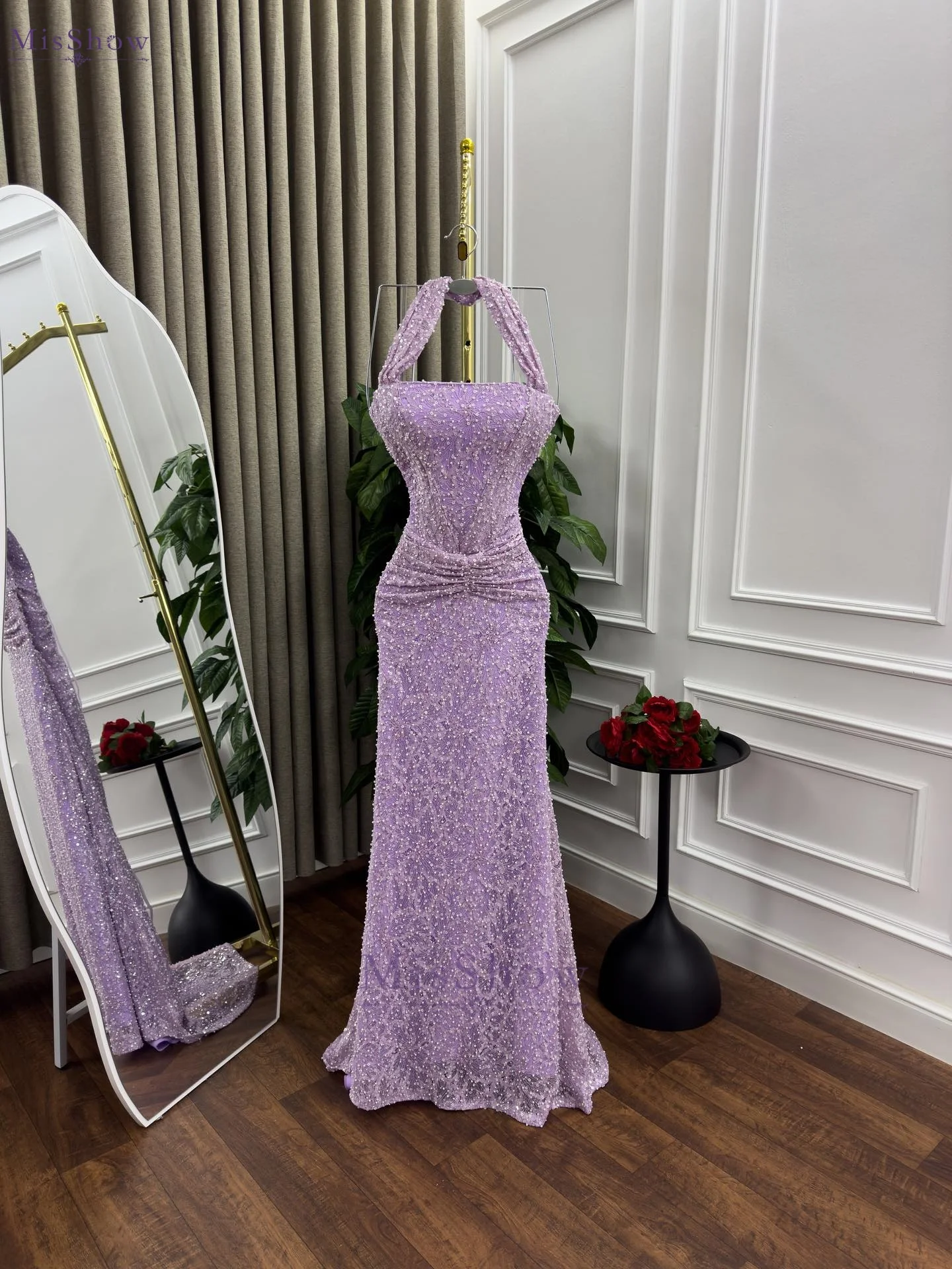 MisShow élégant licou sirène robe de soirée dentelle perles plissé taille pansement dos robes de bal gaine Train vestidos de fiesta