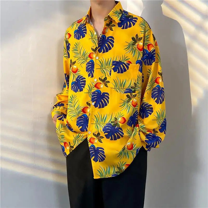 Vintage Streetwear Long Sleeved Floral Shirt Men Spring All-match Loose Floral Shirt Hip Hop Lapel Collar Multicolor Casual Tops