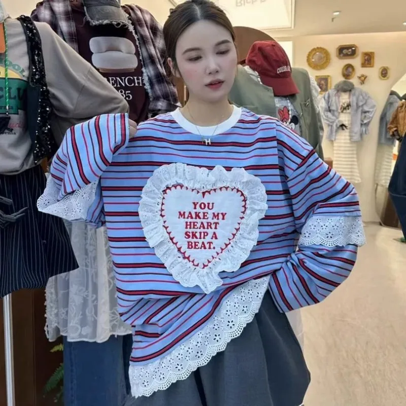 

Femme Spring Autumn Korean Fashion Printing O-neck Pullovers Sweatshirts Women Clothing Trend All-match Lace Long Sleeve Top Tee
