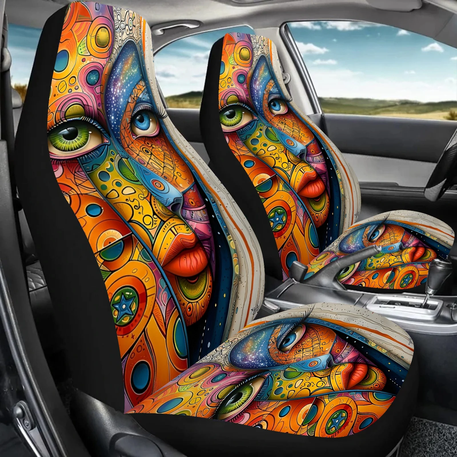 قطعتان من أغطية مقاعد السيارة المطبوعة على الجدران الفنية للنساء والرجال، واقي المقعد الأمامي العالمي للسيارات يناسب السيارات وسيارات الدفع الرباعي وسيارات السيدان،