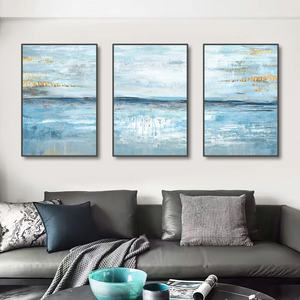 3PCS Frameless Posters Abstract Light Blue Gold Foil Canvas Painting Pictures Nordic Wall Art Print  For Living Room Home Decor