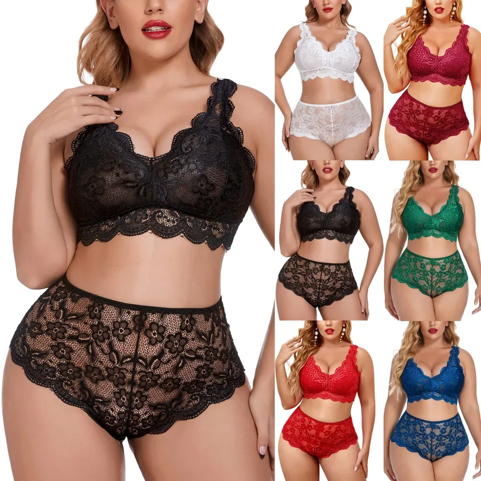 

Women Embroidery Bra Set Lace Deep V Neck Push Up Seamless Top+high Waist Thong Underwear Set Sexy Lingerie Plus Size L5