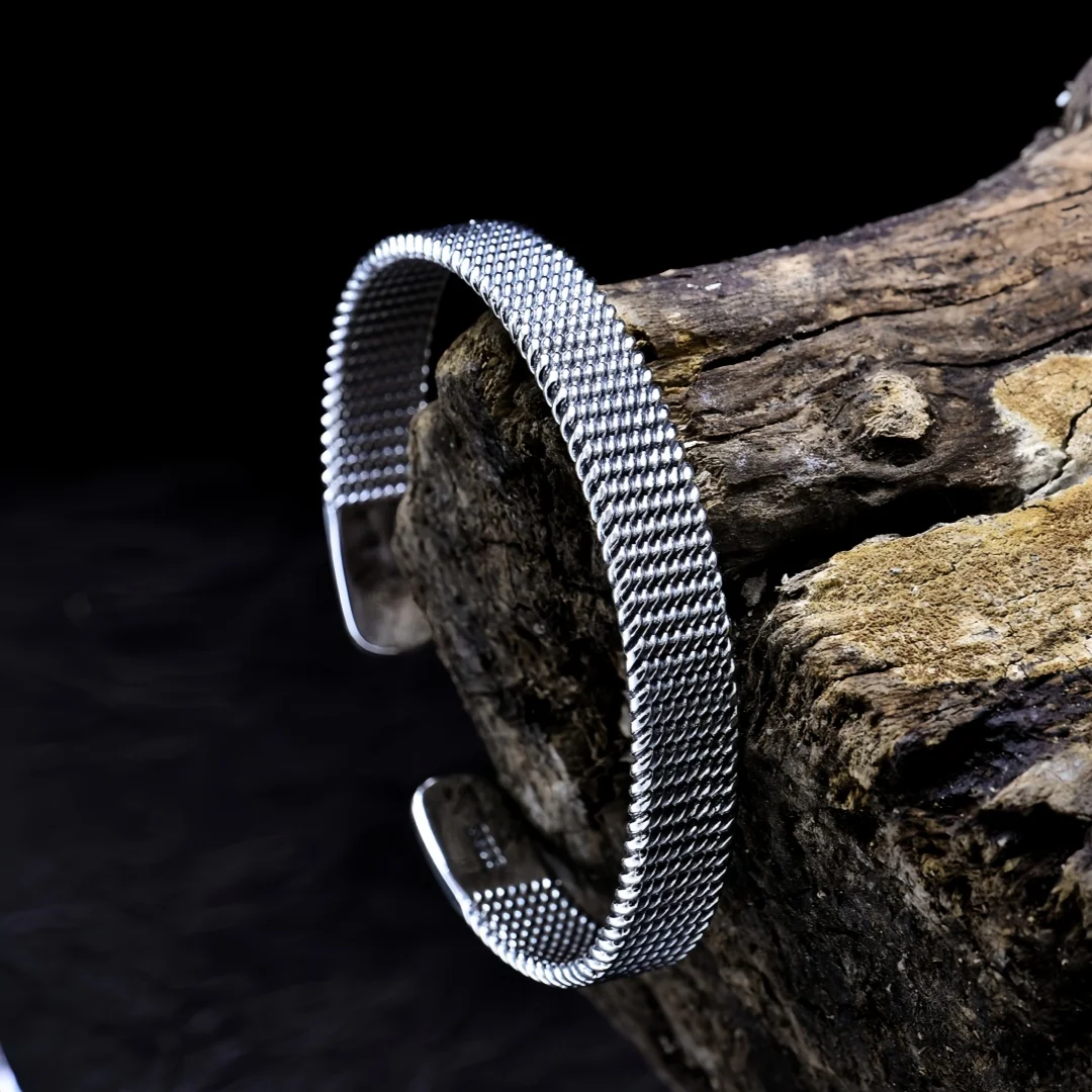 BOCAI New S925 Sterling Silver Charms Bangle for Men Women Antique Mesh Woven Pattern Wide Bracelets Fine Choice Jewelry