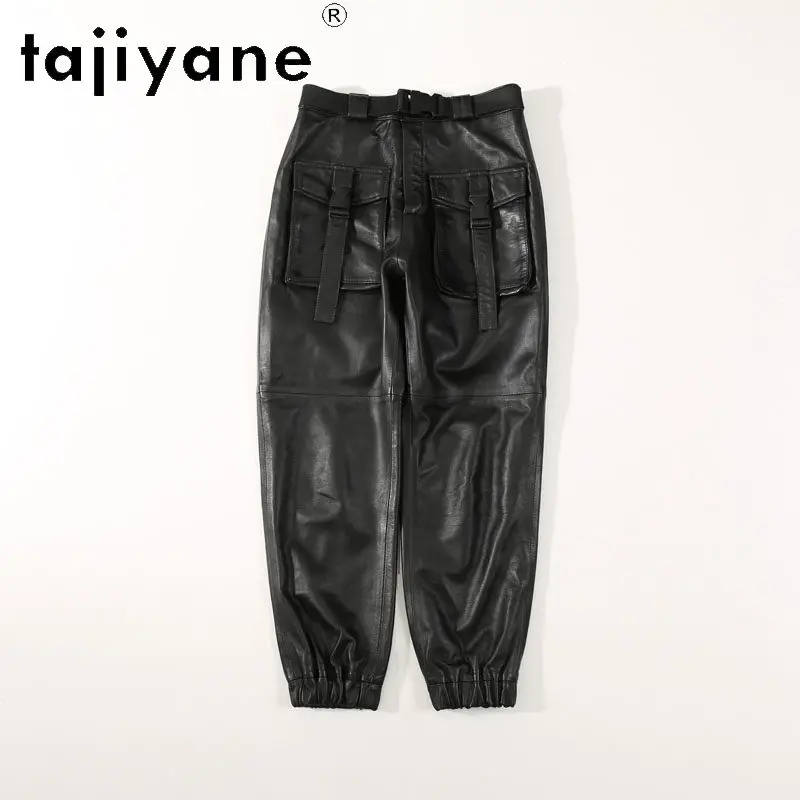 TAJIYANE Real Leather Pants Women Cargo Pants for Woman Sheepskin Harem Pants Slimming Black Trousers Big Pocket Штаны Casual