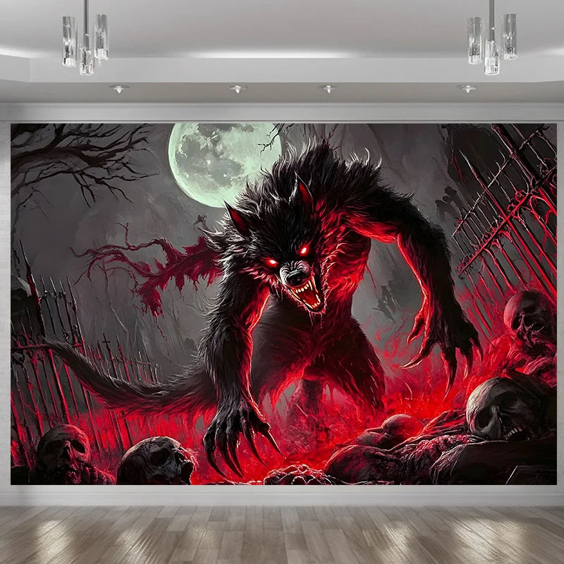 tapestry Gothic Werewolf Tapestry Party - Dramatic Red & Black Halloween Decoration, Polyester Wall Hanging