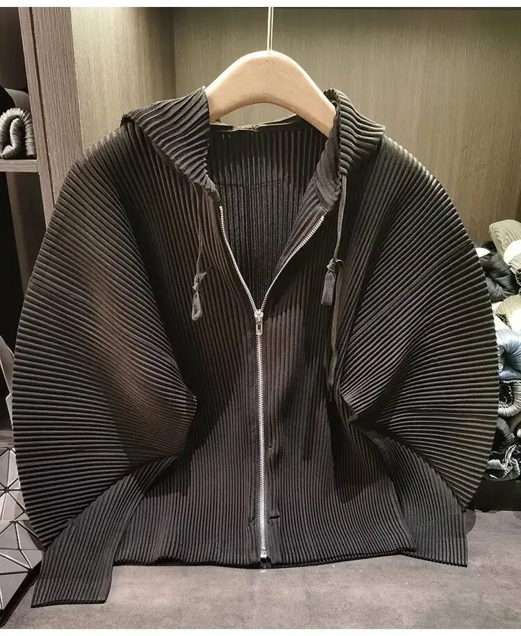 Drawstring Spring New Hooded Pleated Zipper Women's Sweatshirts Loose Elegant Simple High Quality Cardigan Coat 245YG
