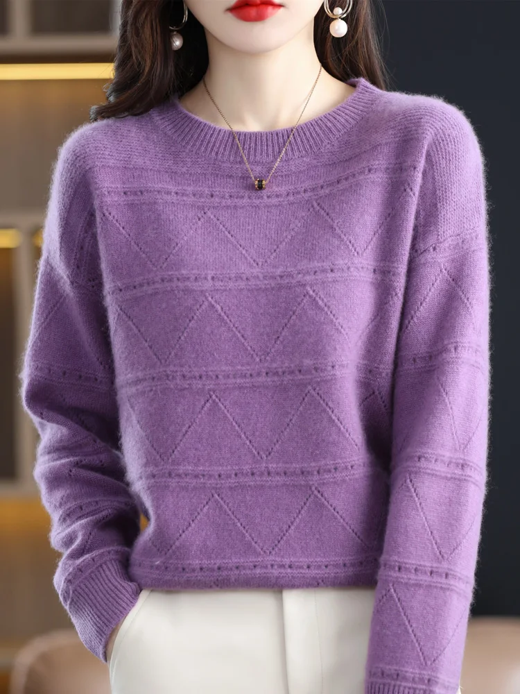 New Warm Sweater For Women O-neck 100% Merino Wool Hollow Out Pullover Autumn Winter Solid Color Stripe Diamond Clothing Tops